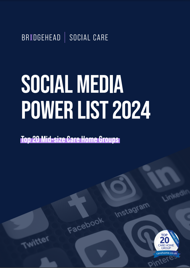 A dark blue graphic featuring the text "Social Media Power List 2024" and "Top 20 Mid-size Care Home Groups." The design includes social media icons like Facebook, Twitter, LinkedIn, and Instagram, along with the Bridgehead and Social Care logos.