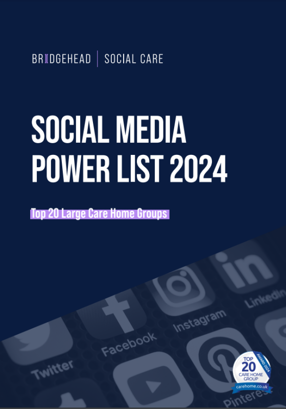 A graphic featuring the title "Social Media Power List 2024" by Bridgehead and Social Care, highlighting the top 20 large care home groups. Icons of various social media platforms are displayed in the background.