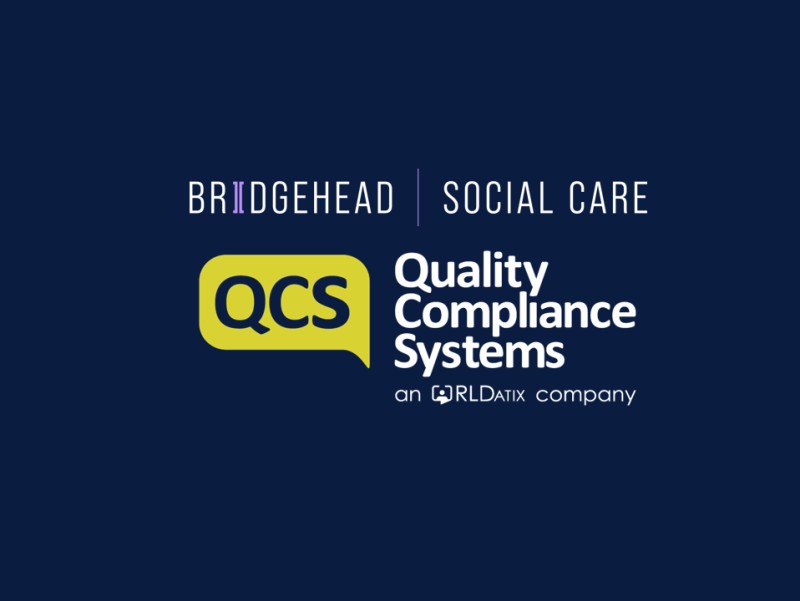 Logo featuring "Bridgehead" and "Social Care" at the top, with "QCS" in a speech bubble design and "Quality Compliance Systems" below it, along with "an RLDatix company" at the bottom, all against a dark blue background.