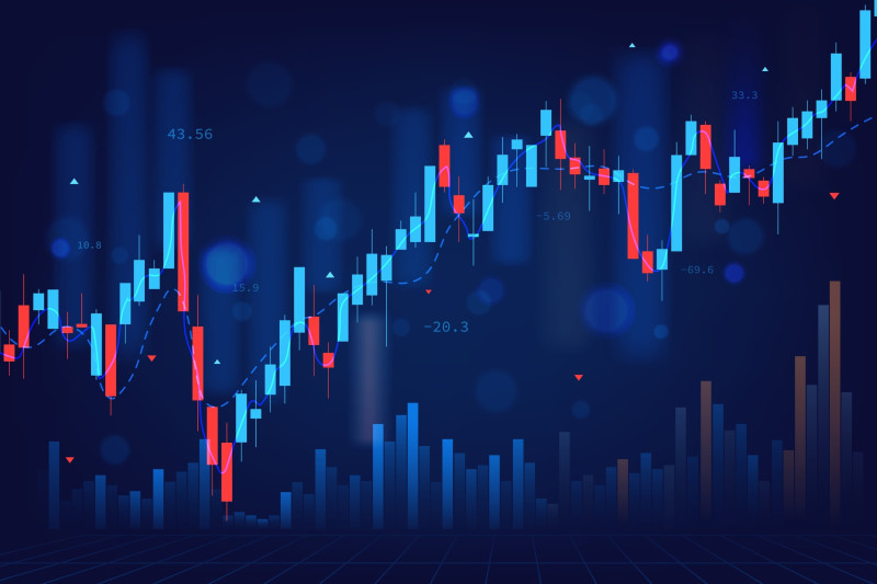 A digital illustration of a financial chart with moving candlesticks in blue and red tones. The background features a dark gradient with glowing blue and white dots, and various indicators showing numerical values.
