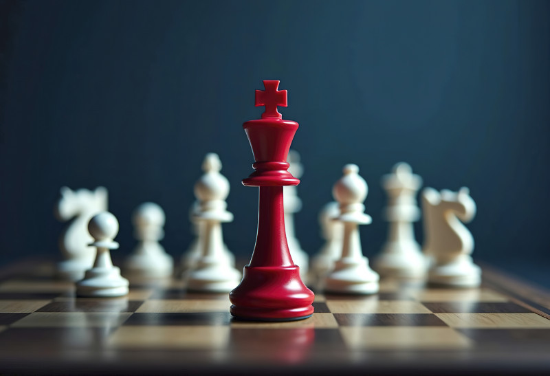 A prominent red king chess piece stands at the forefront, surrounded by various white chess pieces blurred in the background. The chessboard features a classic checkered pattern.