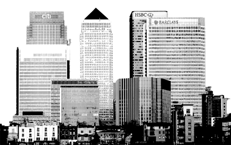 A skyline featuring several tall buildings with distinct architectural designs, including recognizable bank logos on some. The image is represented in a pixelated style, emphasizing the contrast between the skyscrapers and the lower structures in the foreground.