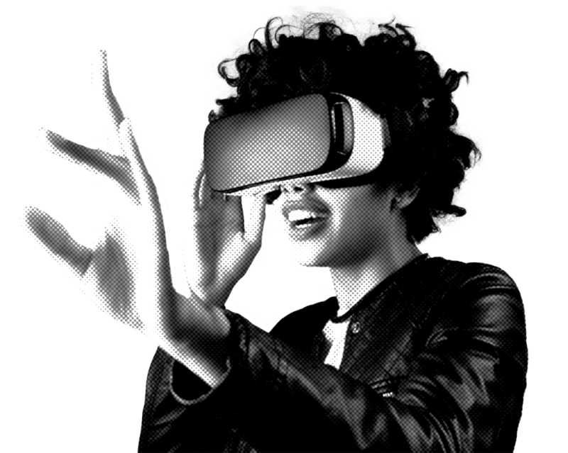 A person with curly hair is wearing a virtual reality headset and reaching out with one hand, expressing excitement or engagement. The image has a high-contrast black and white graphic style.