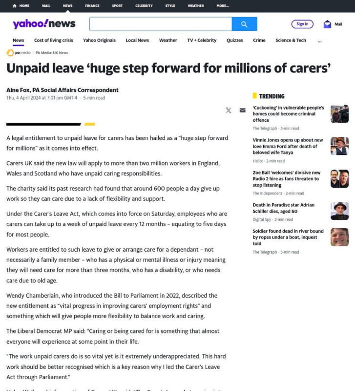 A news article discussing the introduction of unpaid leave for carers in the UK, highlighting its significance for over two million unpaid carers. The article mentions the Carer's Leave Act and its potential impact on caregivers.